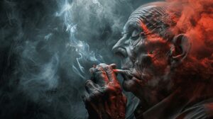 Photograph: Smoker engulfed in toxic smoke portrays harrowing effects of smoking on health.