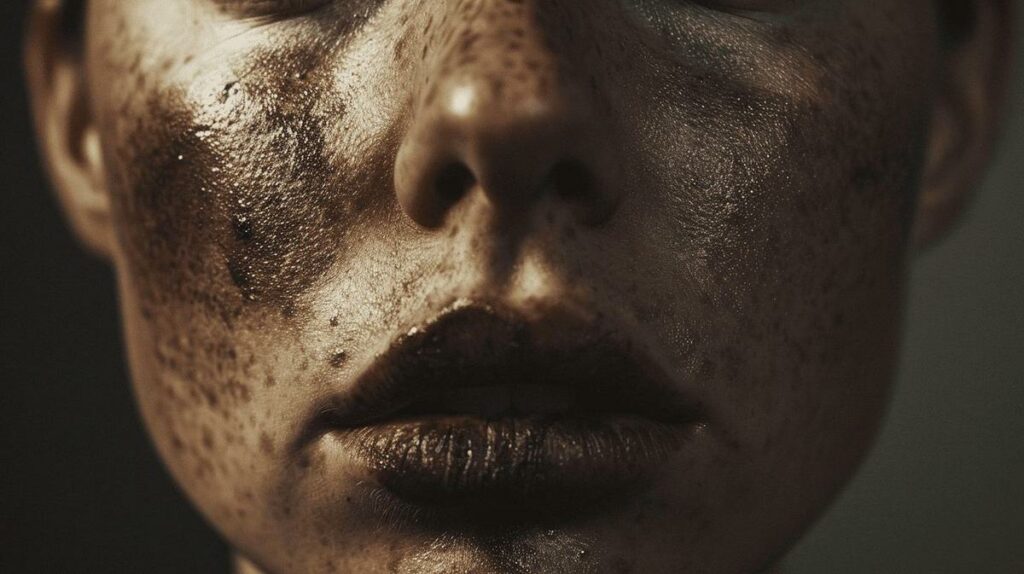 A close-up photo of a long-term smoker's deeply-lined face with dark lips.