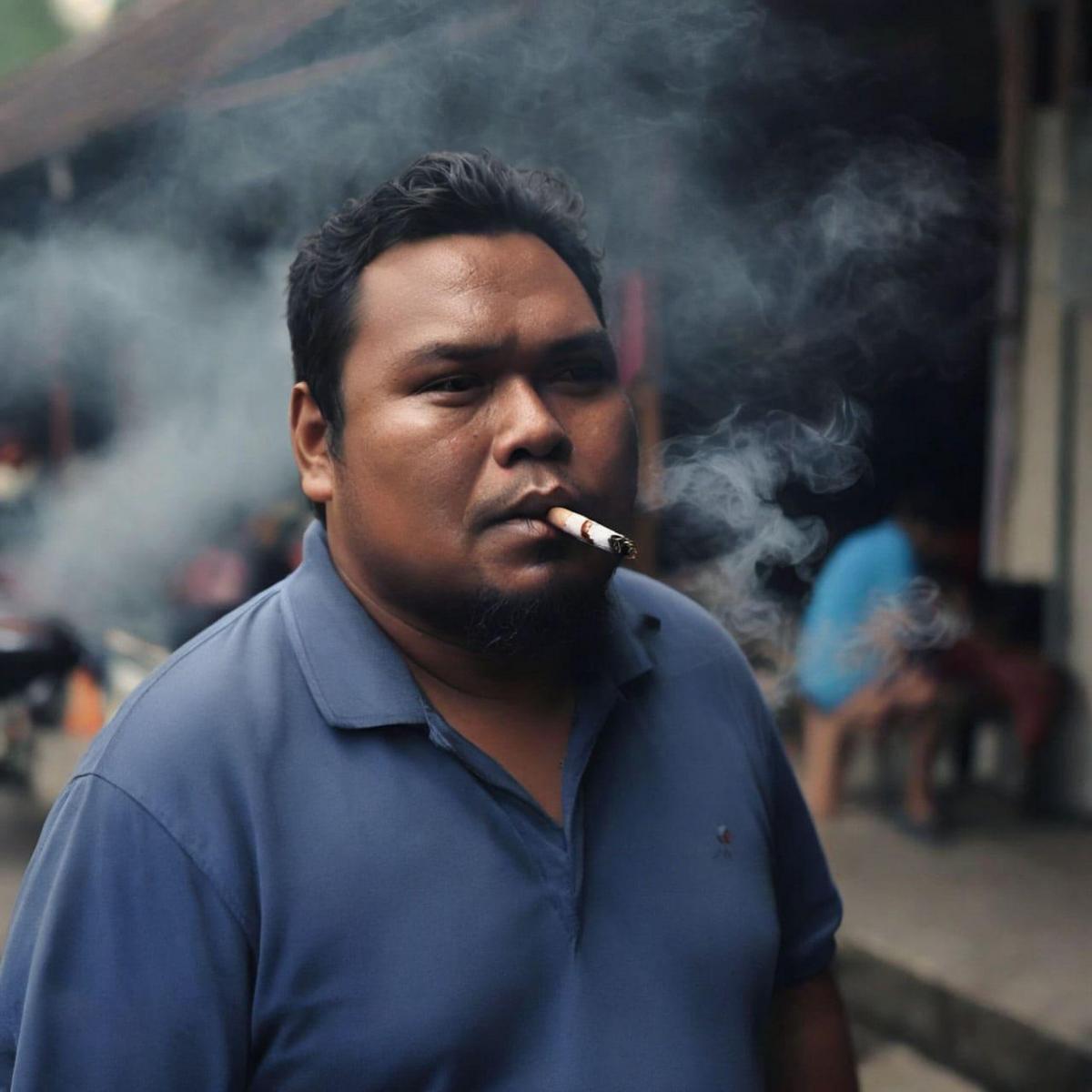 Seorang lelaki muda gemuk dari Malaysia sedang menghisap rokok.