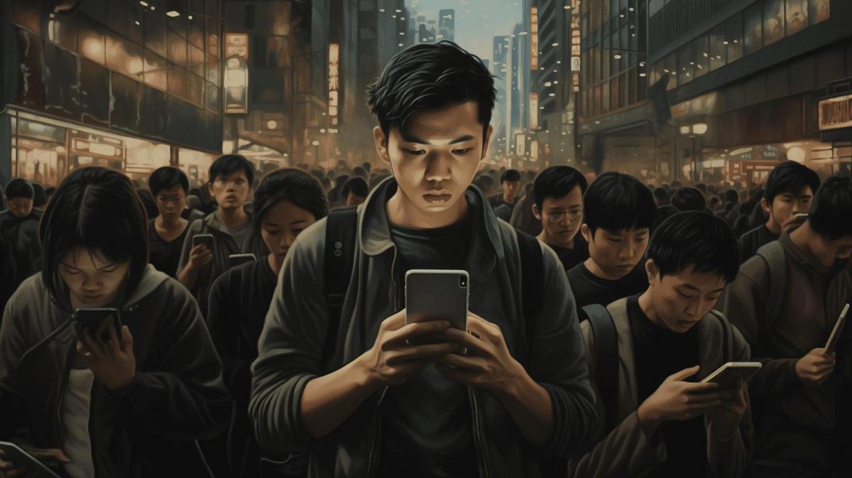 Young Malay teenager surrounded by smartphones and bad influences.