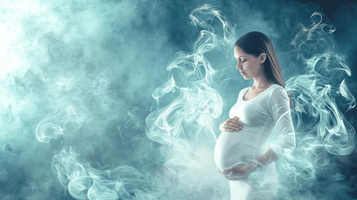 A pregnant woman protecting herself and her baby from cigarette smoke.