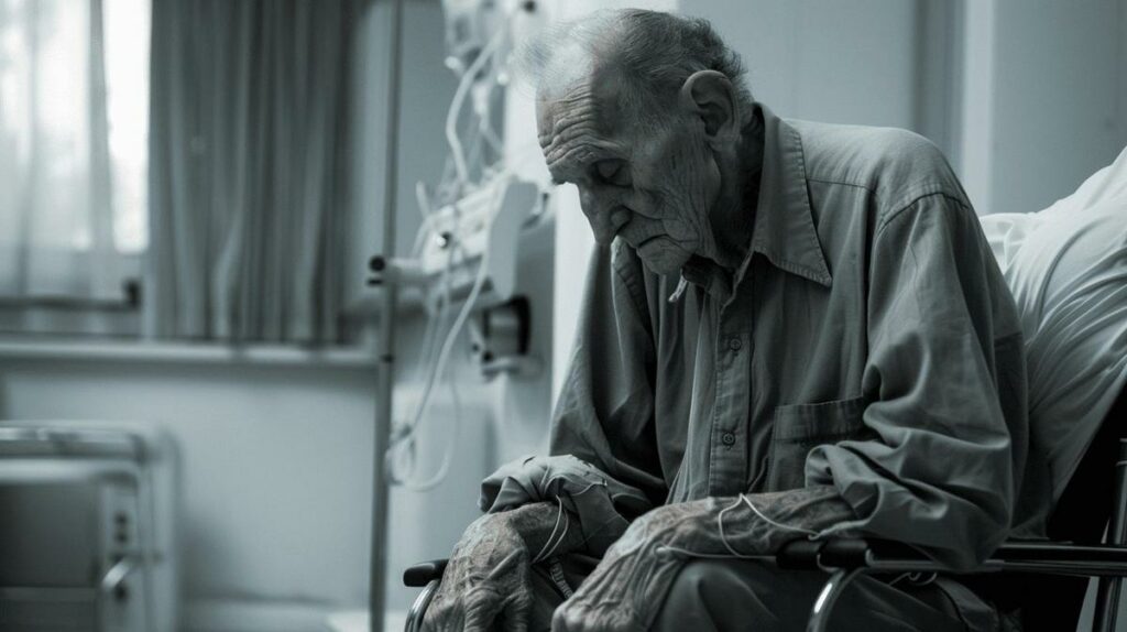 Alt text: Elderly patient with emphysema reflecting on his condition in a medical facility.