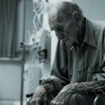 Alt text: Elderly patient with emphysema reflecting on his condition in a medical facility.