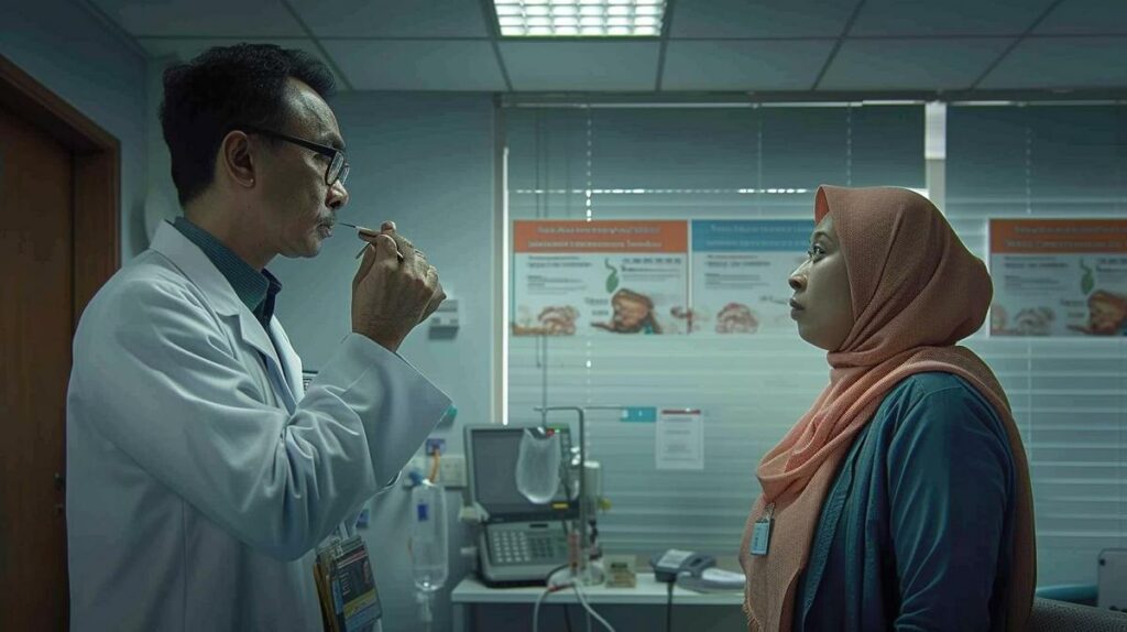 A hyperrealistic photograph capturing the urgency and risk of bronchitis in Malaysia's healthcare system.