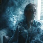 A mother in a dimly lit room surrounded by secondhand smoke.