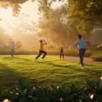 A diverse group engaging in healthy practices: yoga, tai chi, play, and jogging.