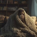 A young person with pneumonia, wrapped in a blanket, displaying fatigue and concern.
