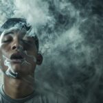 A non-smoker engulfed by thick secondhand smoke, emphasizing the dangers of passive smoking.