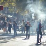 Hyperrealistic urban scene reveals vibrant, smoke-free public area bustling with wholesome activities.