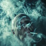 Alt text: "Middle-aged person in deep contemplation, surrounded by ghostly disease metaphors, representing health risks caused by smoking."