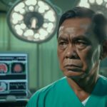 Hyperrealistic photograph of a contemplative medical professional amidst stroke-related visuals in a clinical setting.