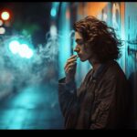 Image alt text: A pensive individual holding a cigarette, surrounded by cautionary health posters.